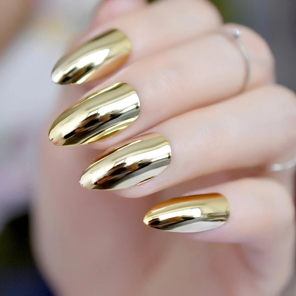 24 Gold Chrome Kiss Press on nails Glue on Mirror shiny metallic Almond Medium oval point
