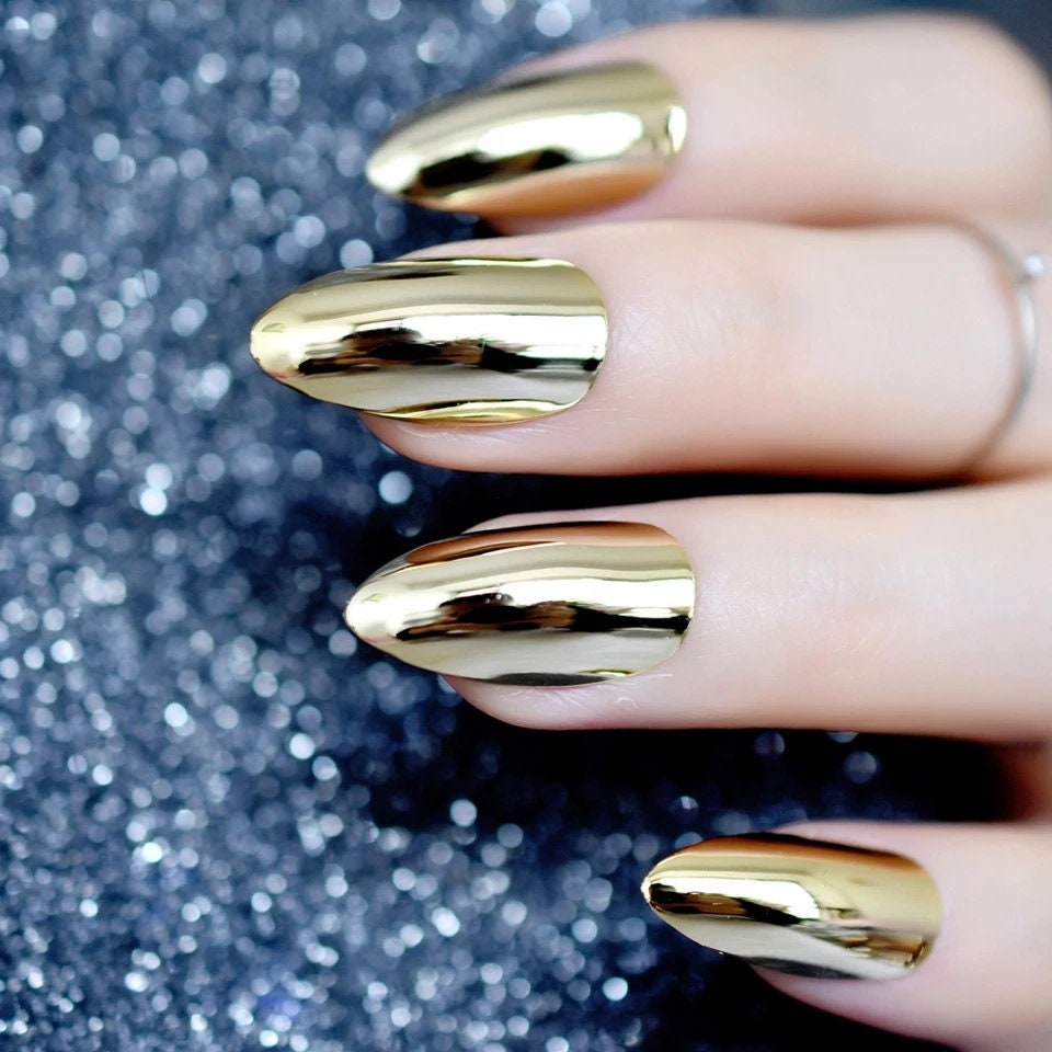 24 Gold Chrome Kiss Press on nails Glue on Mirror shiny metallic Almond Medium oval point