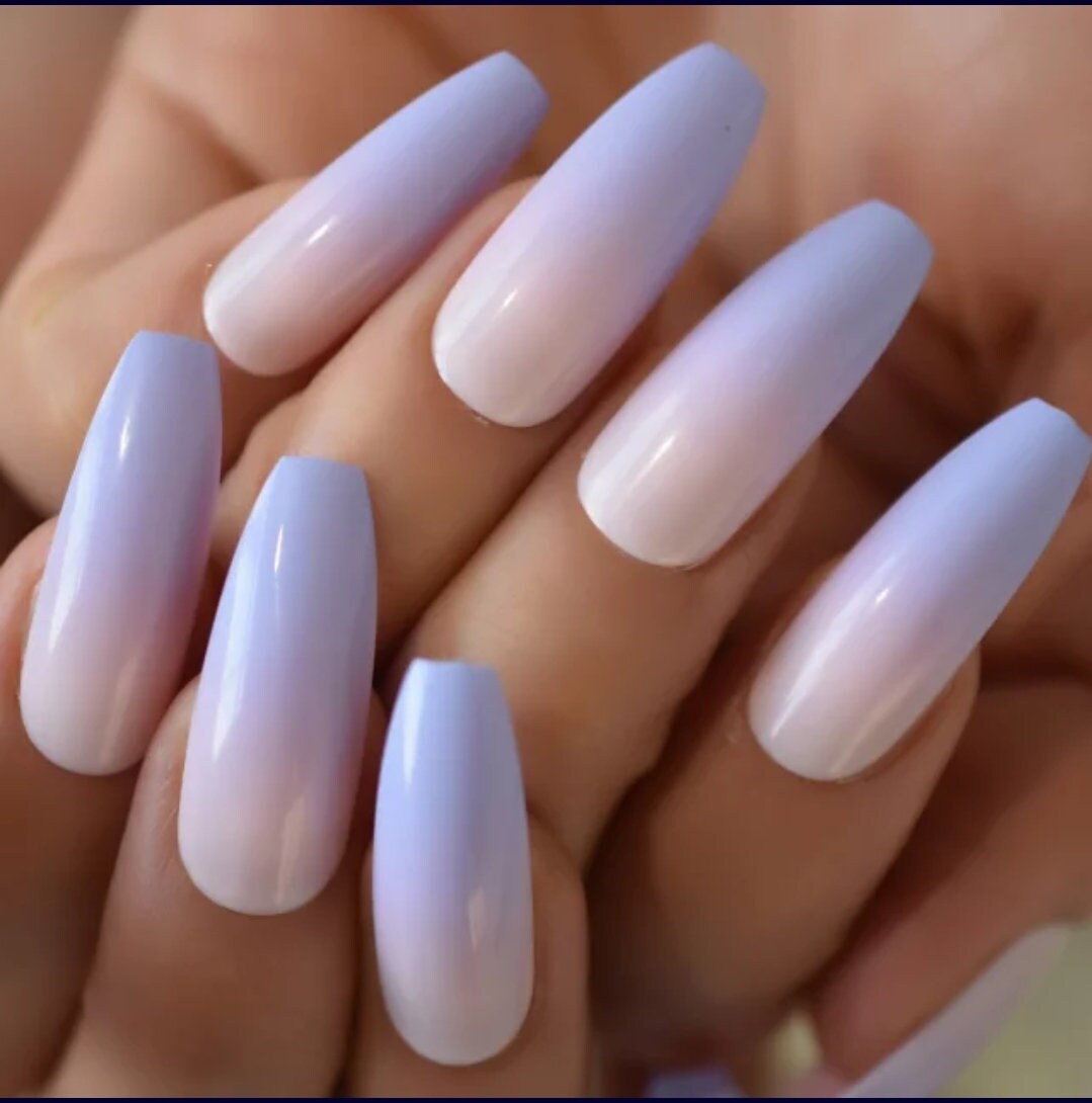 24 Pastel Pink Purple Ombre French mani coffin glue on classic Long press on Nails