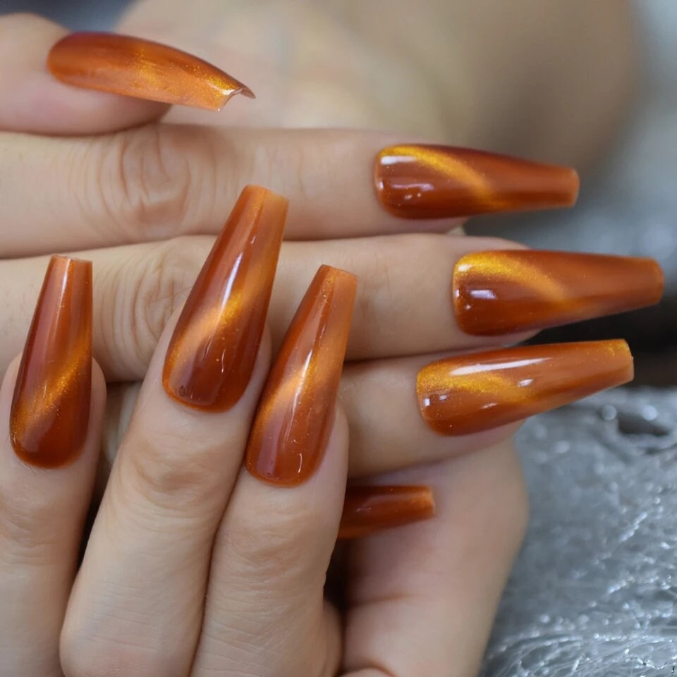 24 pcs Autumn Orange Galaxy Cat Eye Gel Kiss Press On Nails Glossy Thick acrylic glue on magnet burnt umber