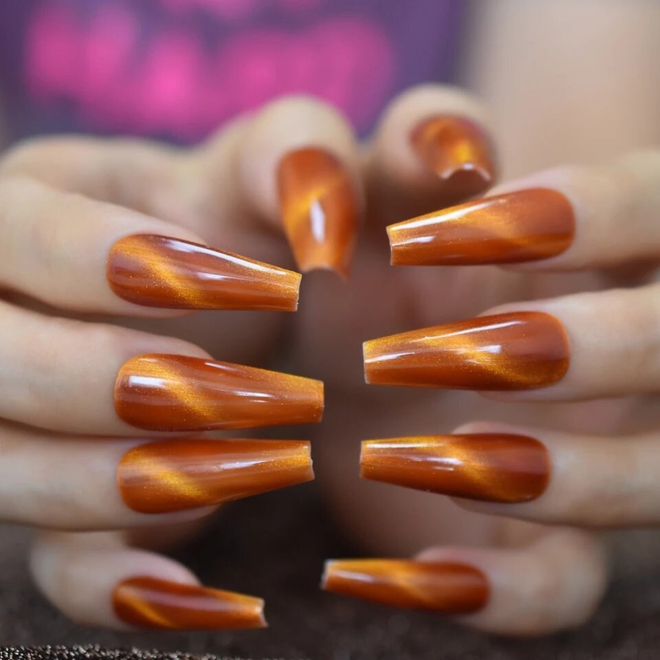 24 Autumn Orange Galaxy Cat Eye Gel Press On Nails Glossy Thick acrylic glue on magnet burnt umber