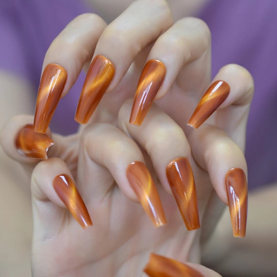 24 pcs Autumn Orange Galaxy Cat Eye Gel Kiss Press On Nails Glossy Thick acrylic glue on magnet burnt umber