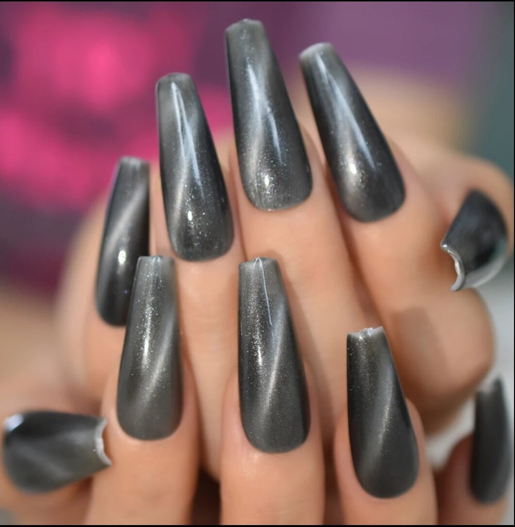 24 Slate Gray Silver Galaxy Cat Eye Gel Long Press On Nails Glossy Coffin goth alt glue on magnet