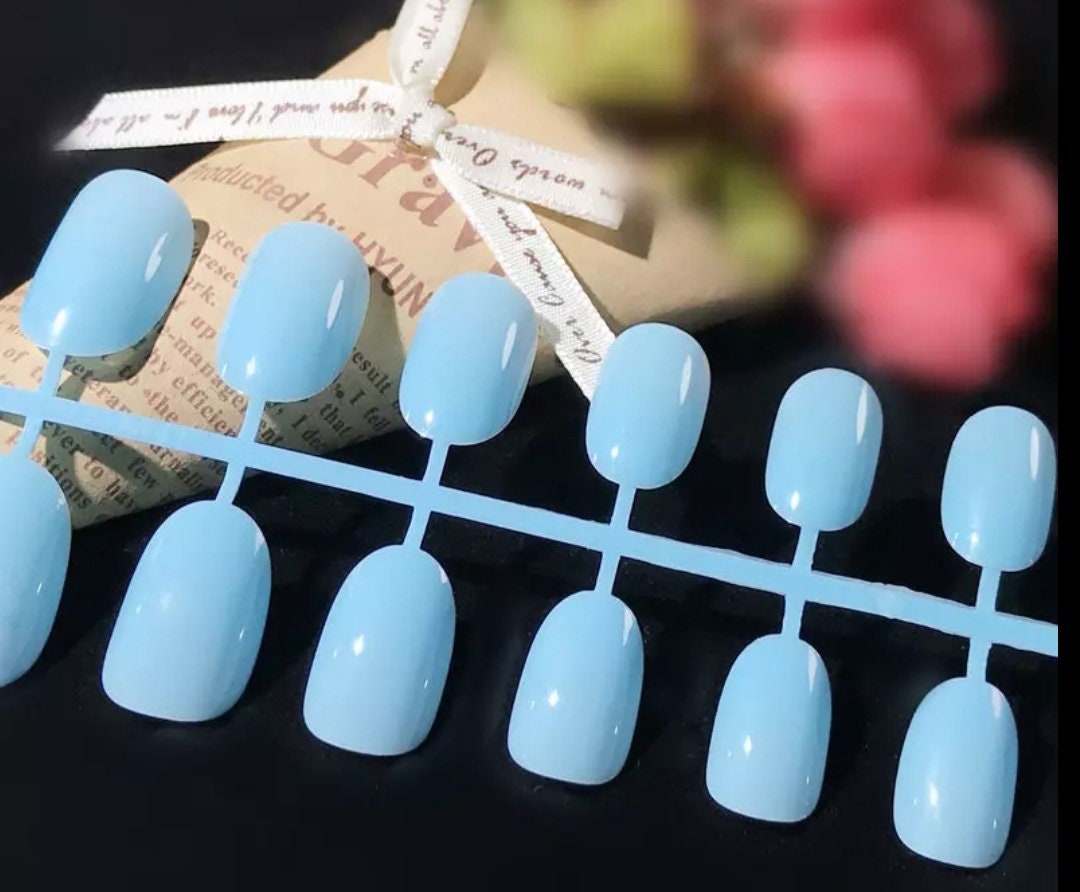 24 Oval Baby Blue Glue on short Almond Press on nails 