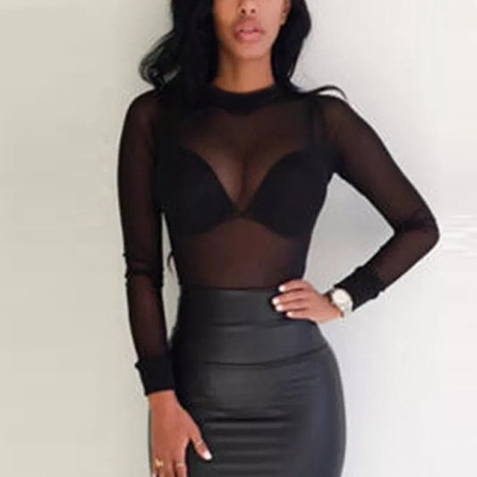 Sheer Black Mesh Going out tops for women Long Sleeve full waist Soft Stretchy Elegant Mock Neck see through classic