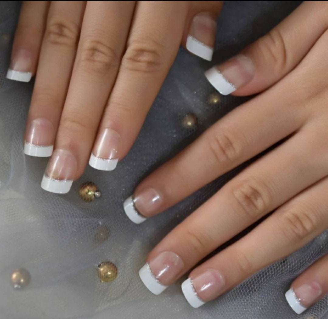 24 KIDS SIZE French Press On nails Glue on trendy classic elegant gold white tip natural
