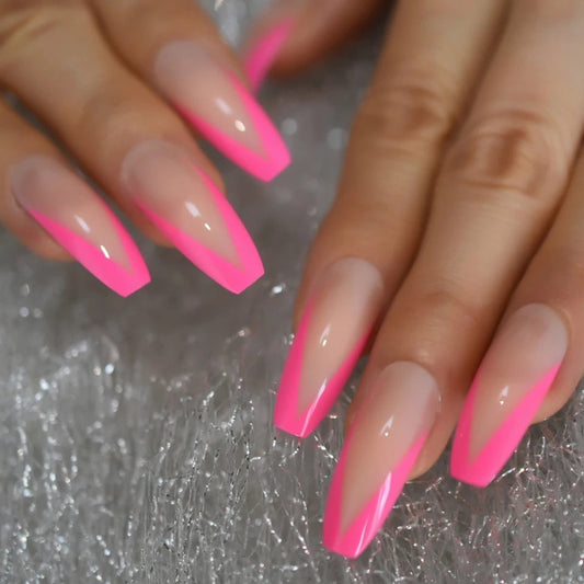 24 V Tip French Pink Rim Press On nails Extra Long Glue on trendy classic 80s rave v shape