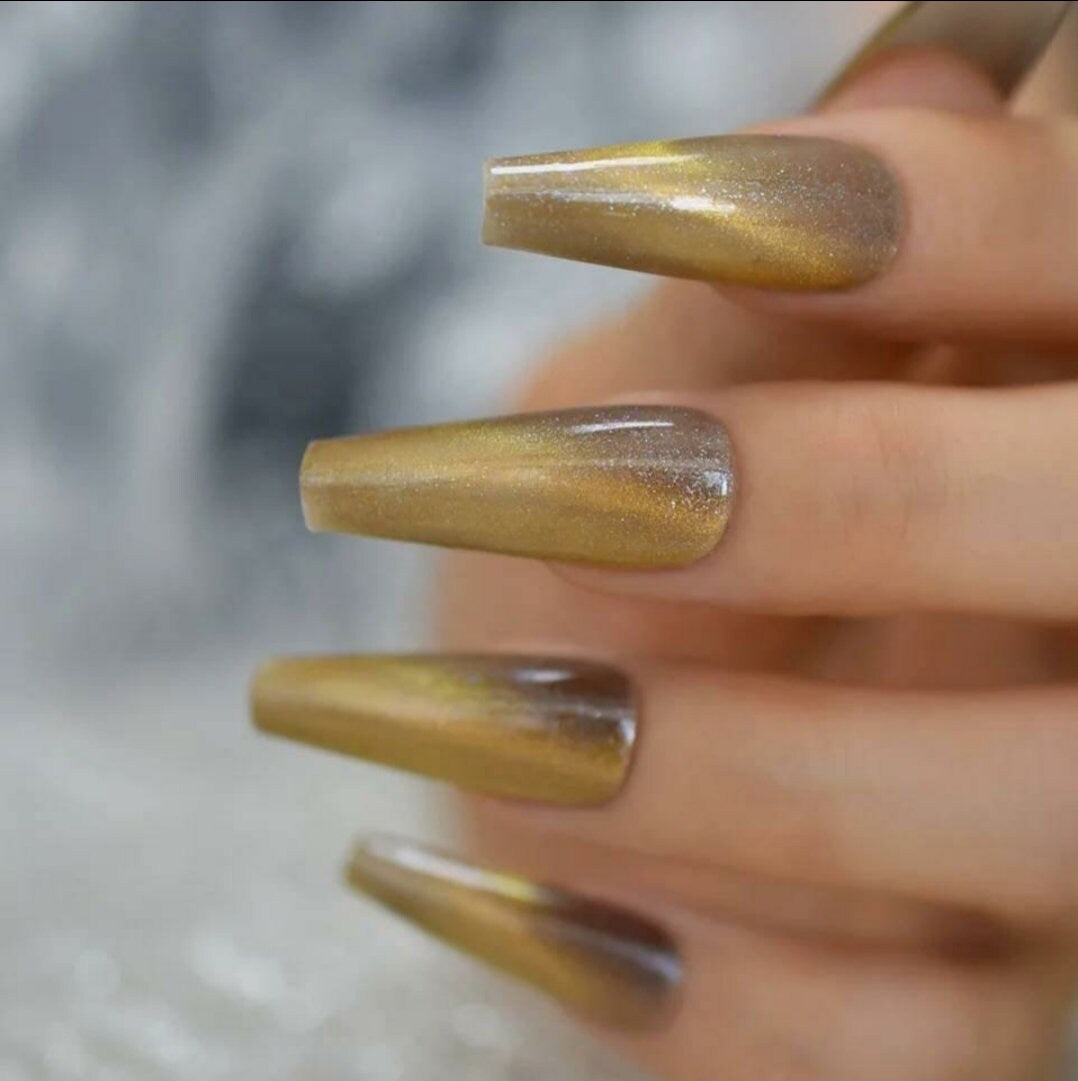 24 Unique Gray Gold Galaxy Cat Eye Gel Press On Nails Glossy Extra Long Coffin goth alt glue on magnet