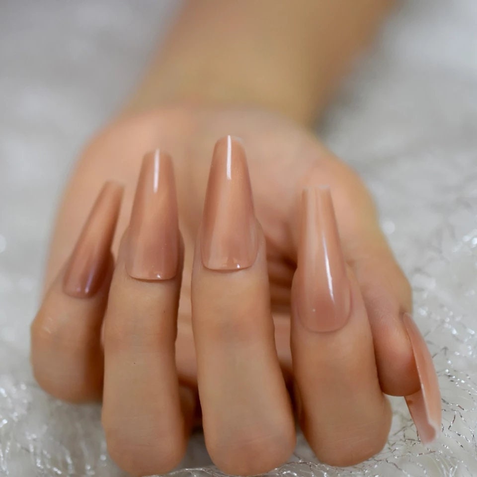 24 Nude Acrylic Galaxy Cat Eye Gel Press On Nails Glossy Extra Long Coffin glue on magnet