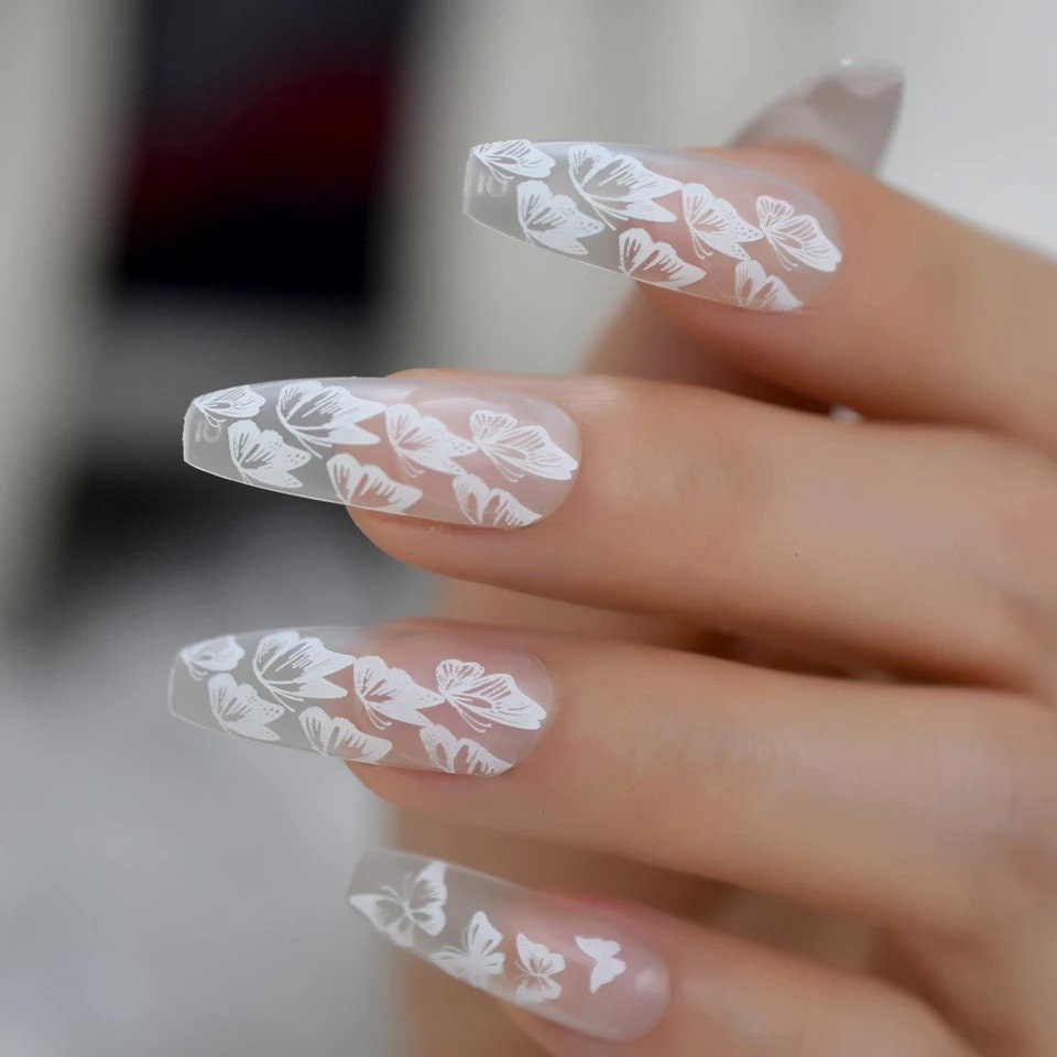 24 Matte Clear White Butterfly Extra Long Press-on nails Coffin glue on