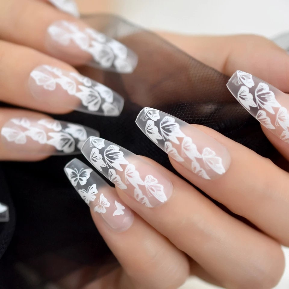 24 Matte Clear White Butterfly Extra Long Press-on nails Coffin glue on