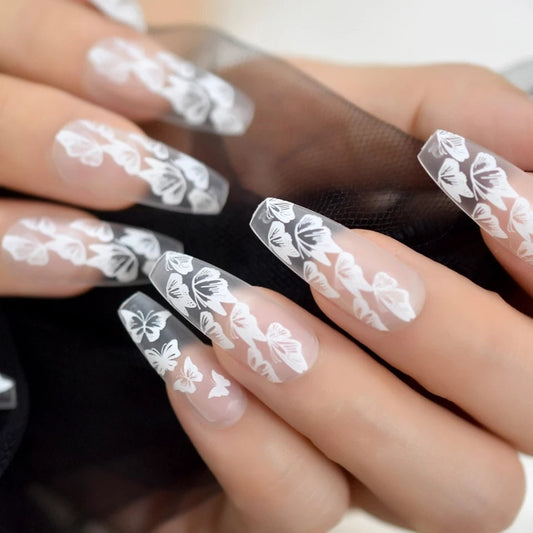 Matte Clear White Butterfly Extra Long Coffin glue on