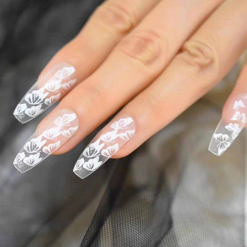 24 Matte Clear White Butterfly Extra Long Press-on nails Coffin glue on