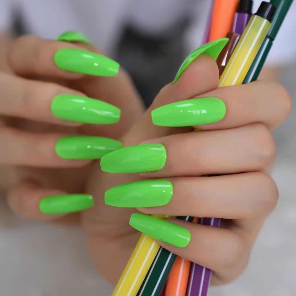 24 Electric Neon Green Long Press on Nails Coffin Slime Bright Summer 80s rave