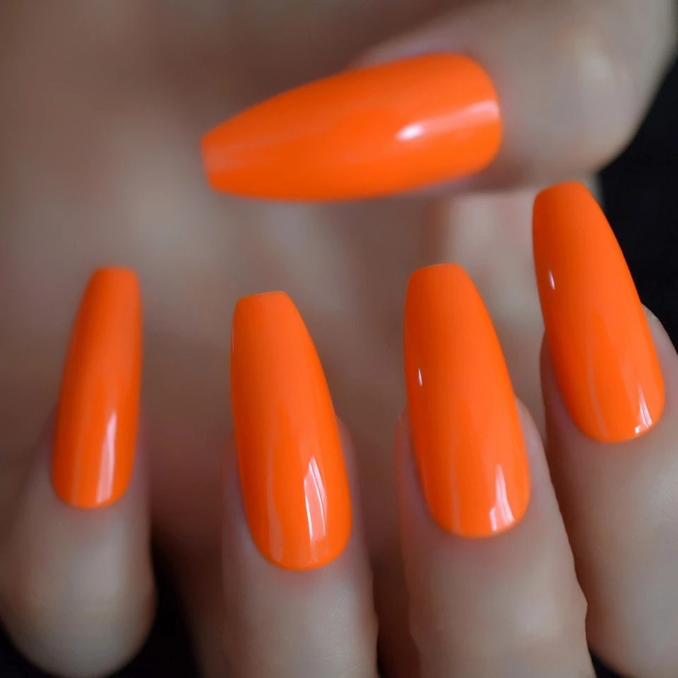 24 Coffin Neon Orange Long Press on nails glue on curved Bright raver summer 80s rave