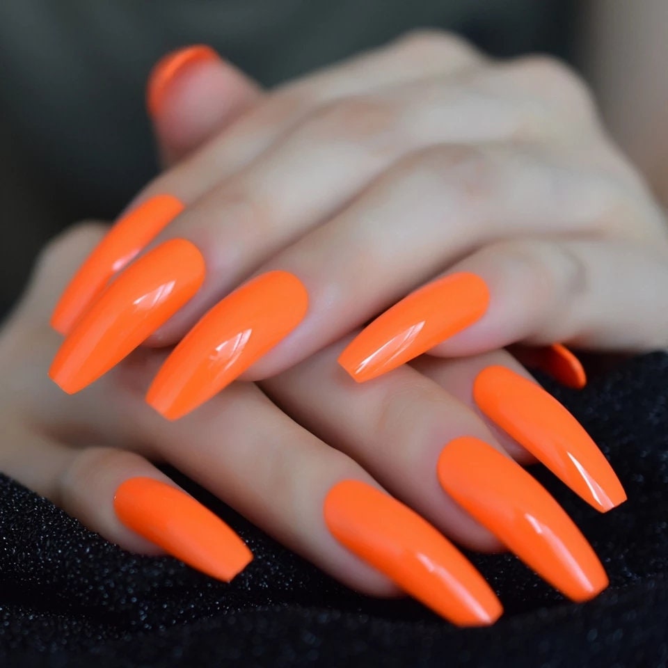 24 Coffin Neon Orange Long Press on nails glue on curved Bright raver summer 80s rave