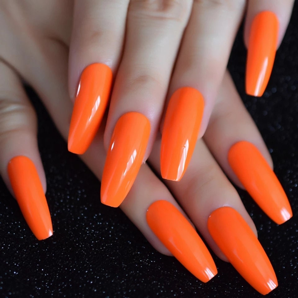 24 Coffin Neon Orange Long Press on nails glue on curved Bright raver summer 80s rave