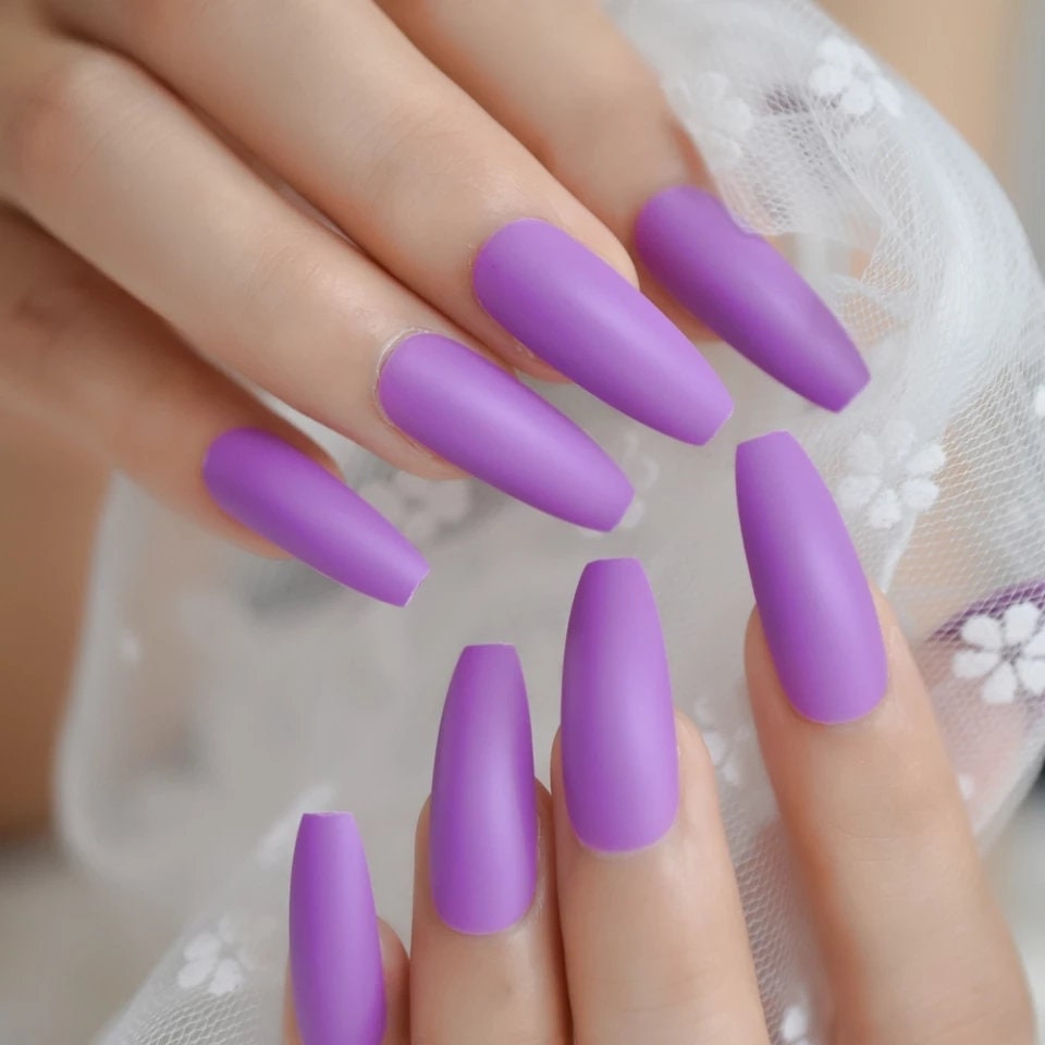 24 Matte Purple Long Press on Nails Summer lilac pretty manicure