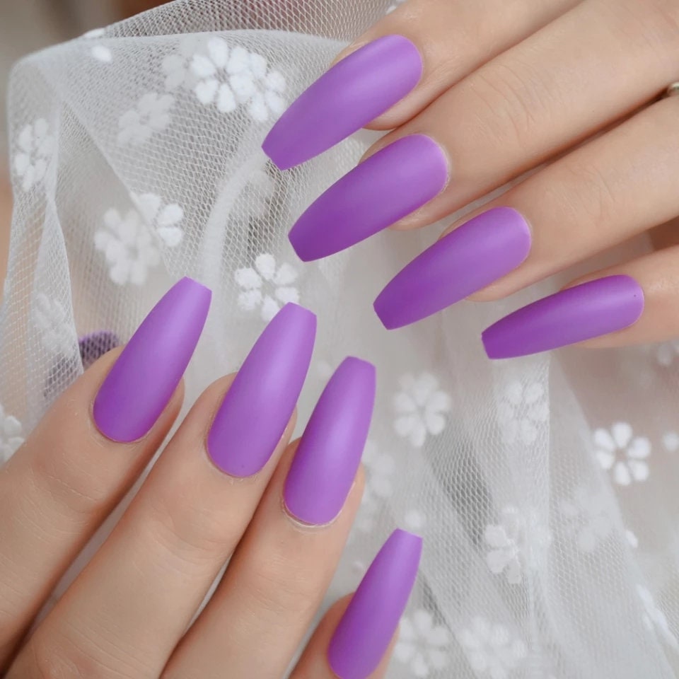 24 Matte Purple Long Press on Nails Summer lilac pretty manicure