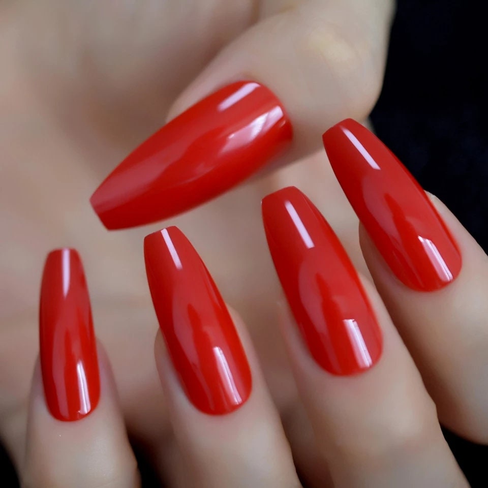 24 Coffin Hot Red Long Press on nails glue on shiny bright