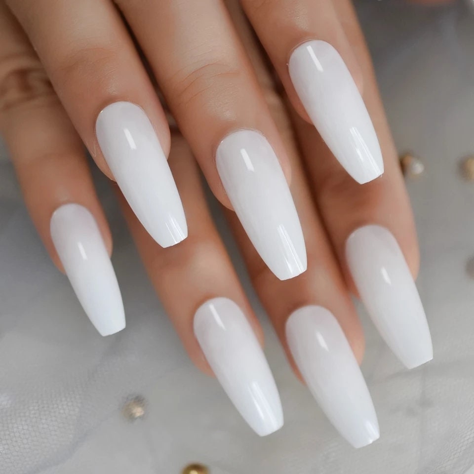 24 Extra Long White coffin Press on nails glue on manicure pure