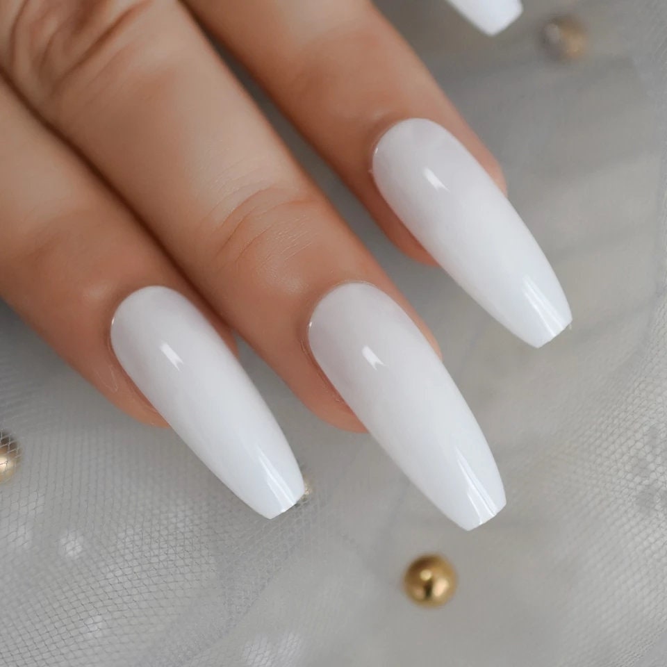 24 Extra Long White coffin Press on nails glue on manicure pure