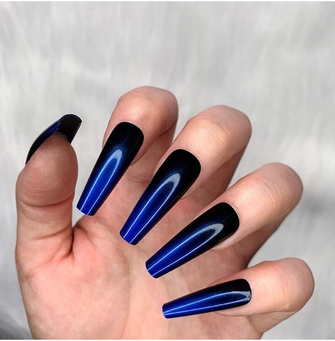 24 pcs  Blue Black Ombre  Long Press on nails glue on Straight Coffin Goth vampy Dark fade