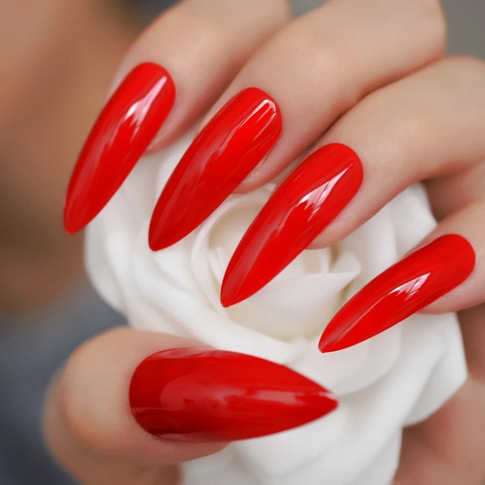 24 Extra Long Stiletto Hot Red Impress Press on nails glue on shiny bright pointed