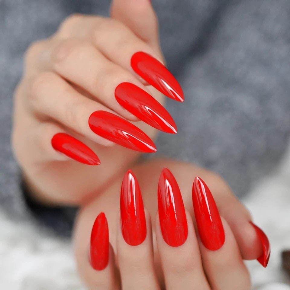 24 Extra Long Stiletto Hot Red Impress Press on nails glue on shiny bright pointed