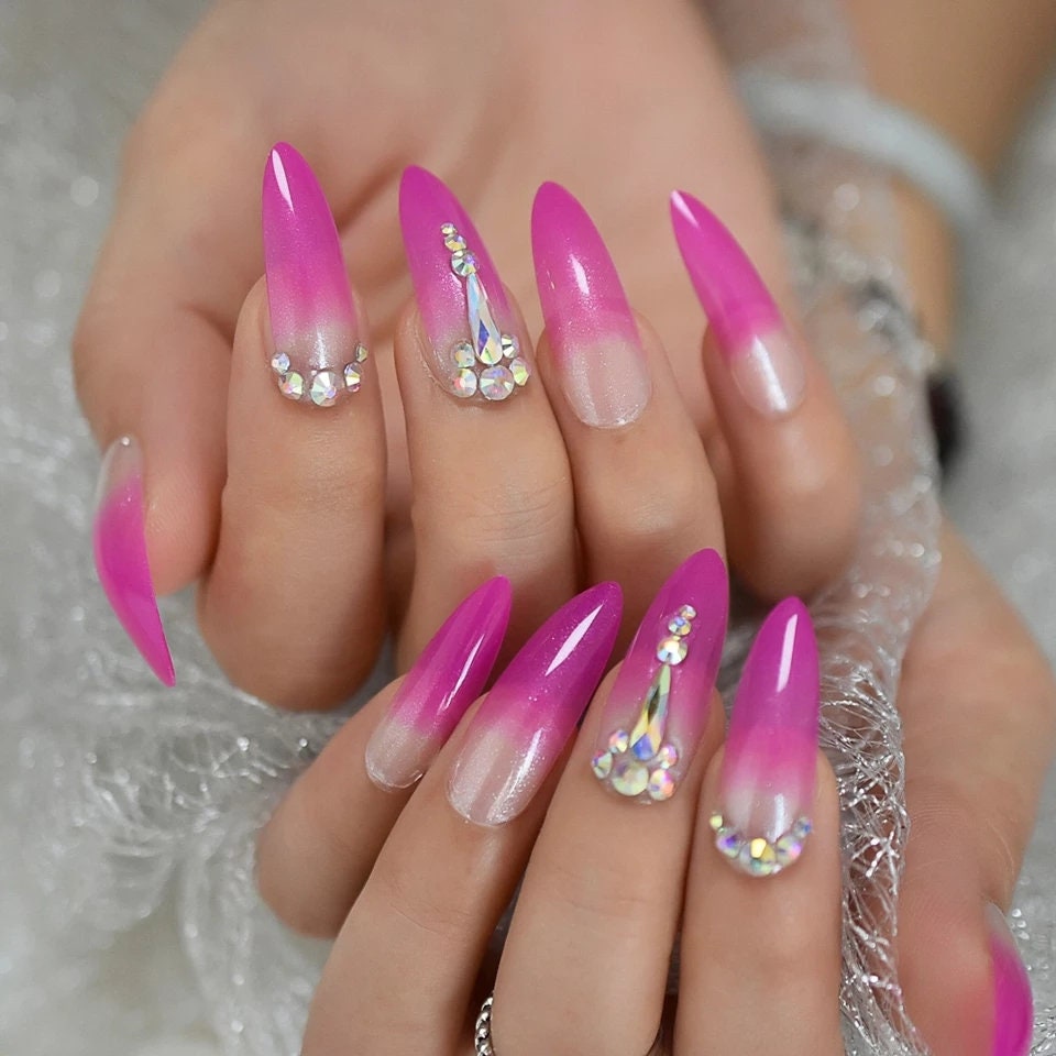 24 Fuschia or Yellow Ombre Fade Press on nails glue on Bling Gem bright extra long stiletto