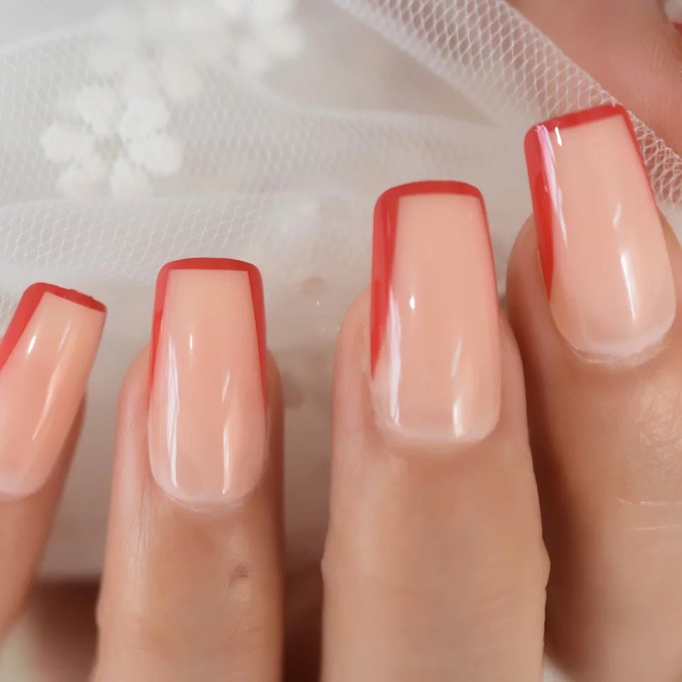 24 Nude Red Rim French tip border nude Press on nails glue on natural medium square