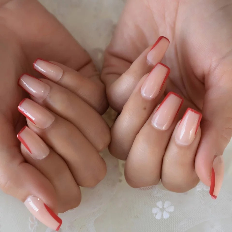 24 Nude Red Rim French tip border nude Kiss Press on nails glue on natural medium square