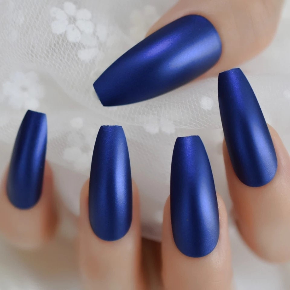 24 Deep Blue Press On Nails Glue on Satin Sheen metallic dark mood witchy