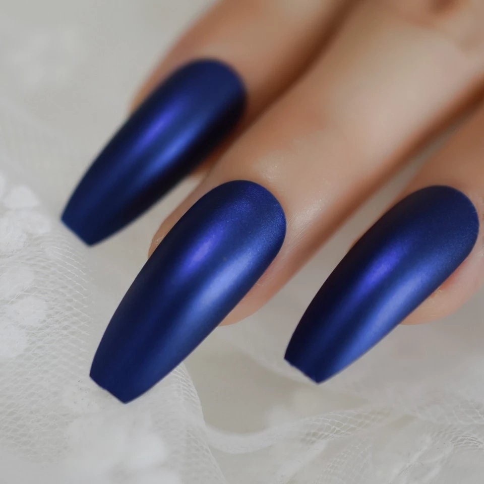24 Deep Blue Long  Press on Nails Glue on Satin Sheen metallic dark mood witchy