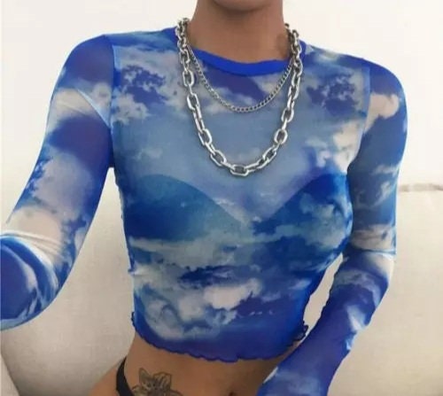 Sheer Blue skies Clouds Mesh Going out tops for women long sleeve shirt funky 90s trendy see through white crop