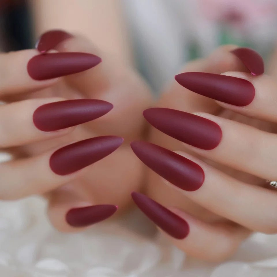 24 Matte Maroon Stiletto Press on nails Extra Long wine witchy goth alt pointed glue on Dark Red