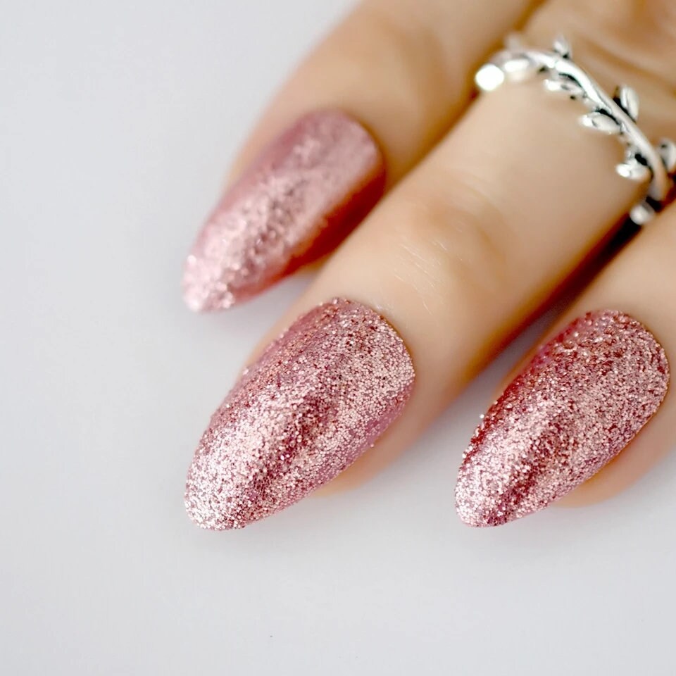 24 Pink Rose gold Glitter Long press on nails glue on manicure medium