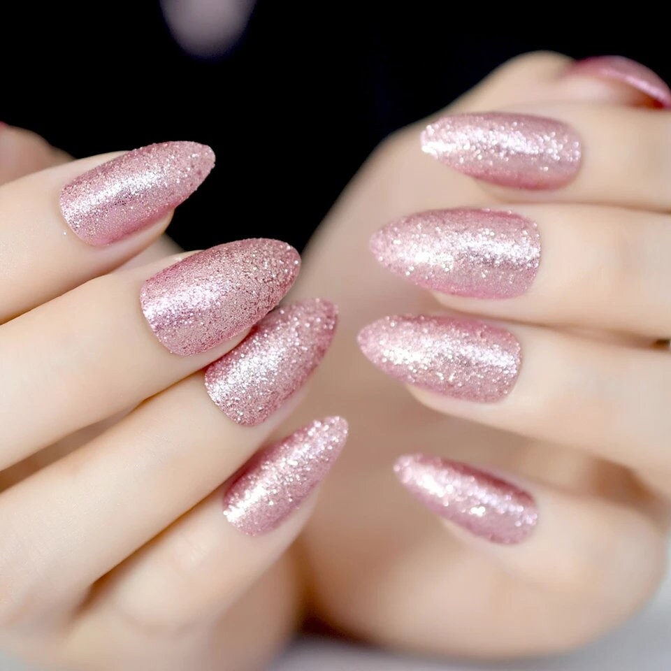 24 Pink Rose gold Glitter  press on nails glue on manicure medium