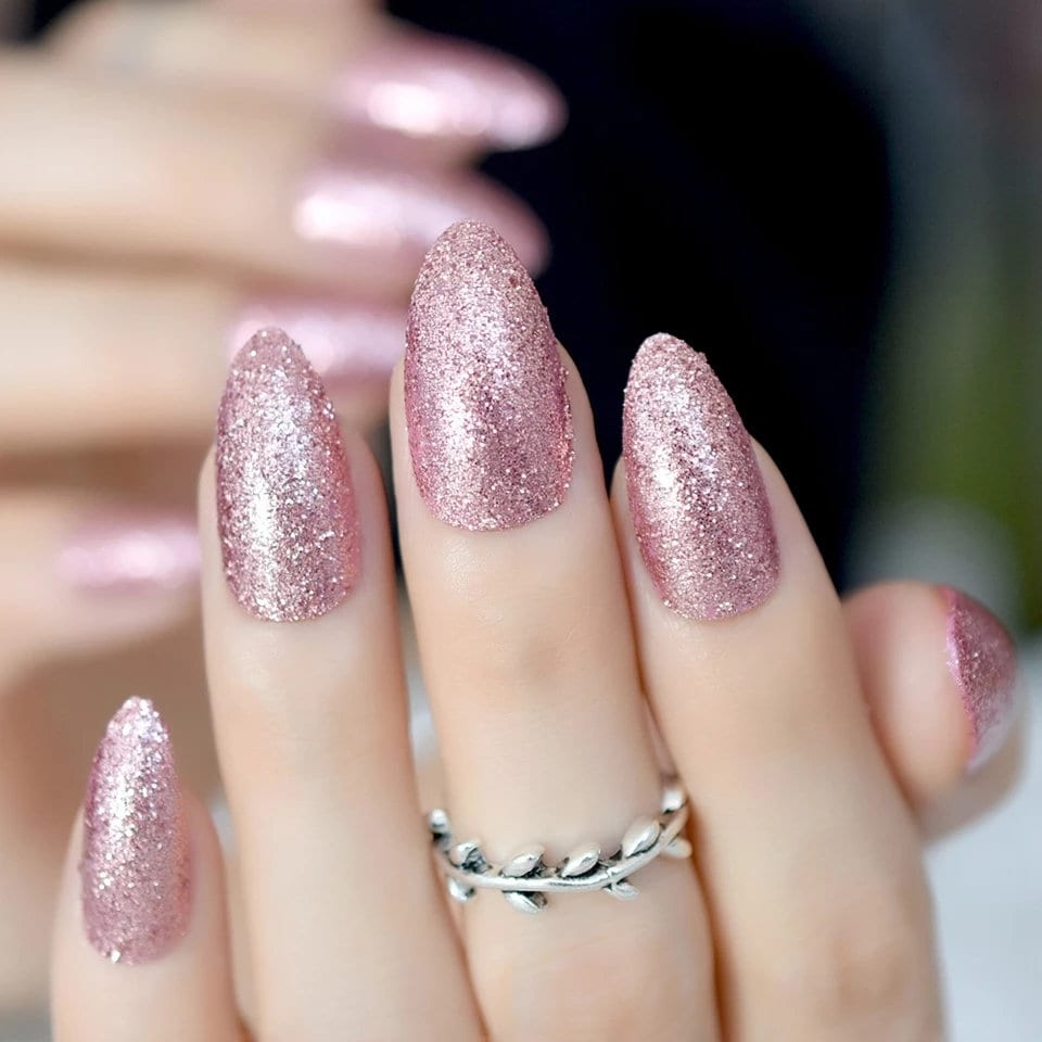 24 Pink Rose gold Glitter Long press on nails glue on manicure medium