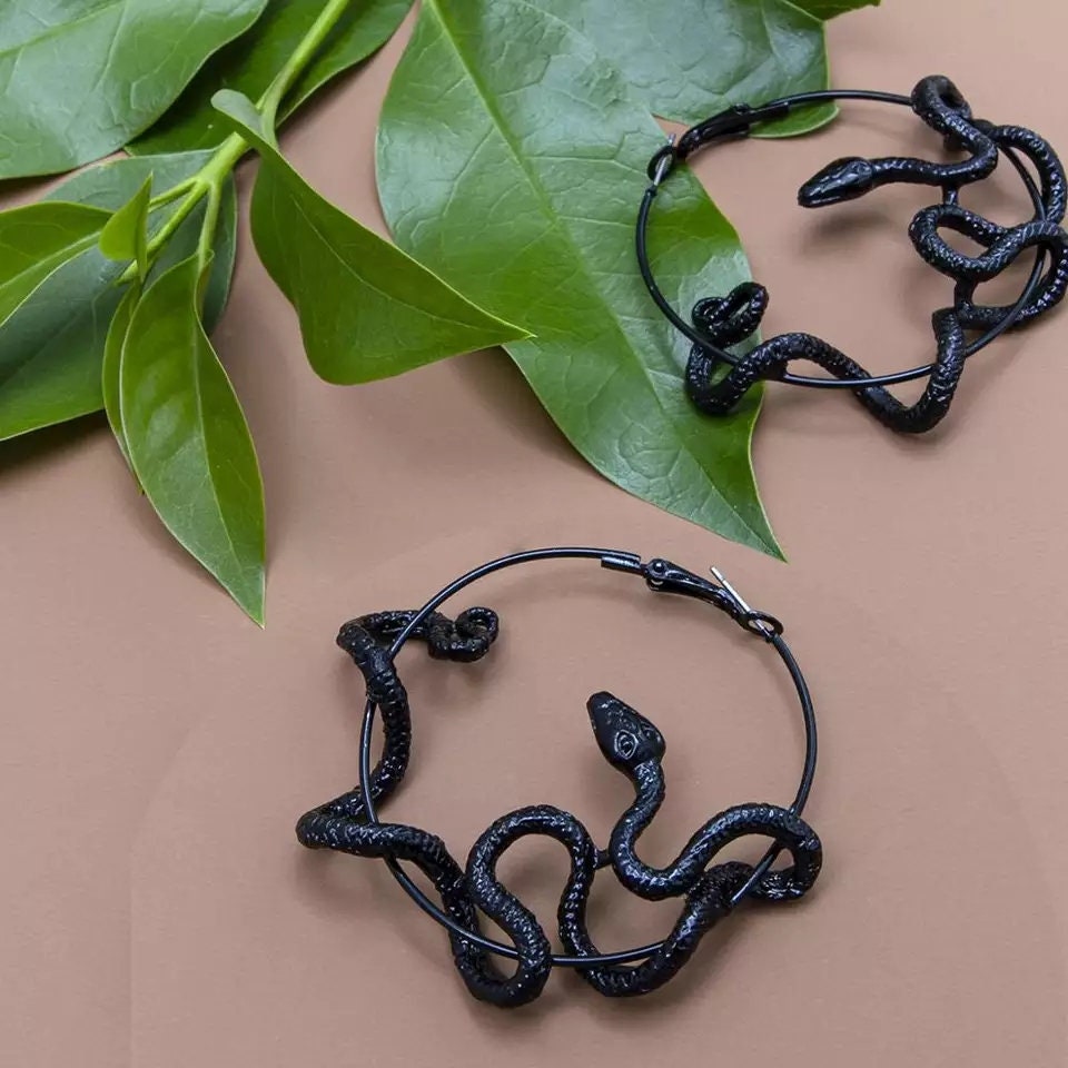 Snake hoop earrings choose color black silver bronze serpent metal af Halloween antique Jewelry