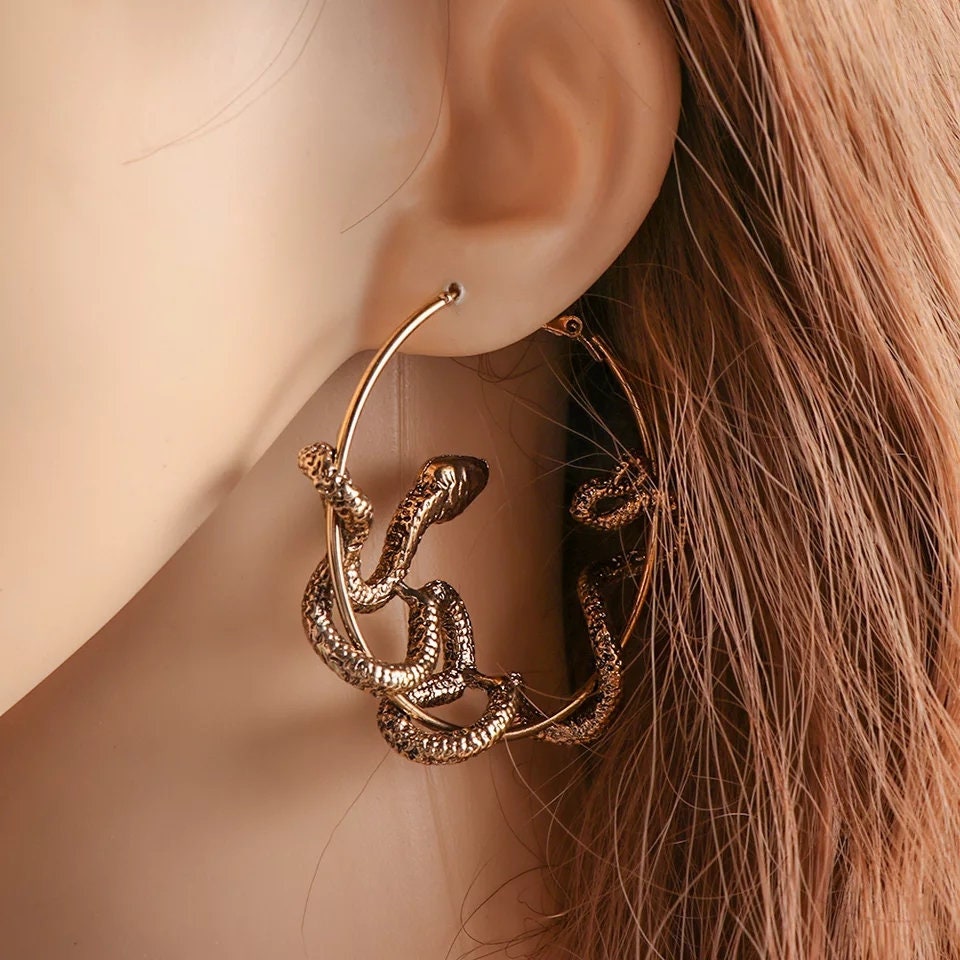 Snake hoop earrings choose color black silver bronze serpent metal af Halloween antique Jewelry