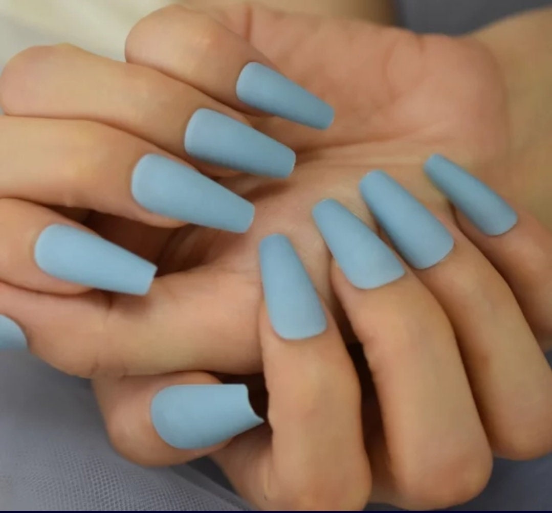 24 Matte Pastel Denim Blue Long Press on nails glue on Coffin