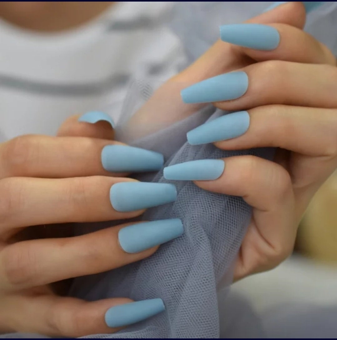 24 Matte Pastel Denim Blue Long Press on nails glue on Coffin