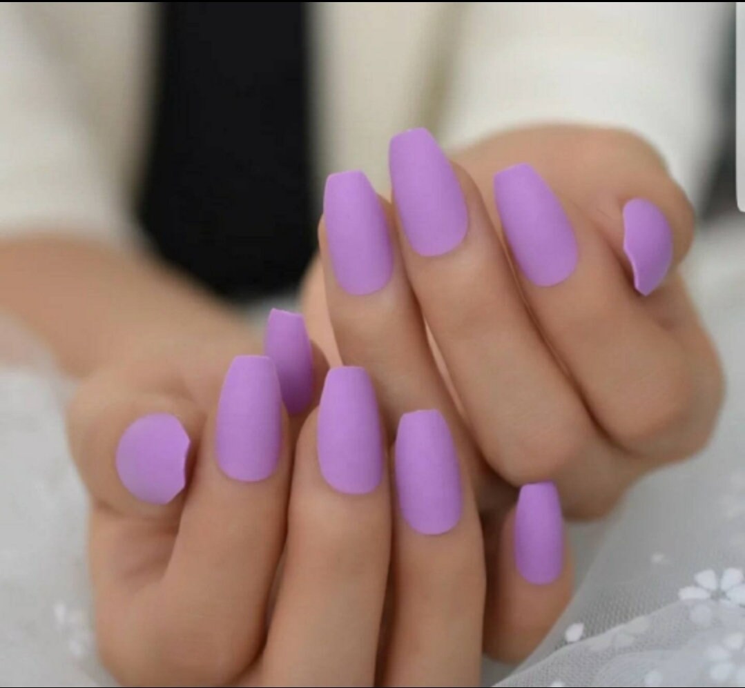 24 Lilac Purple Matte Long Press On Nails Coffin Medium Glue on lavender light 80s rave