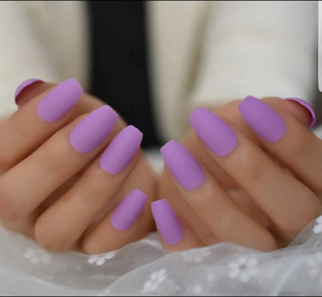 24 Lilac Purple Matte Kiss Press On Nails Coffin Medium Glue on lavender light 80s rave