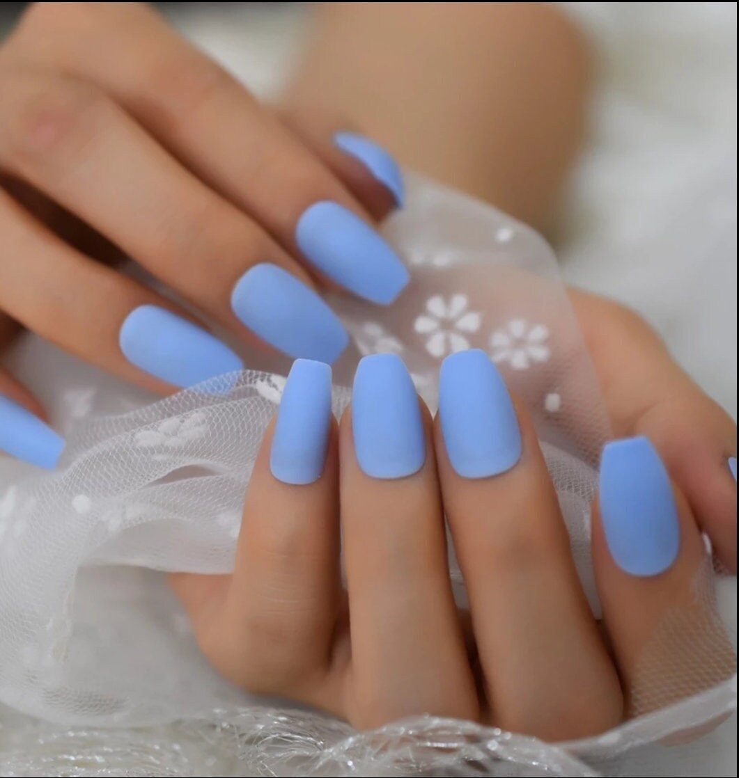 24 Periwinkle Blue Matte Long Press On Nails Coffin Medium Glue on bright