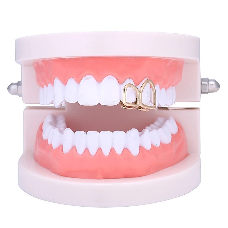 2 Teeth Open Face Grill Cap Tooth Jewelry Bling Silver Rose Gold or Gold Free Mold Adhesive Caps Bling Hip Hop Gangsta Grillz Teeth hollow