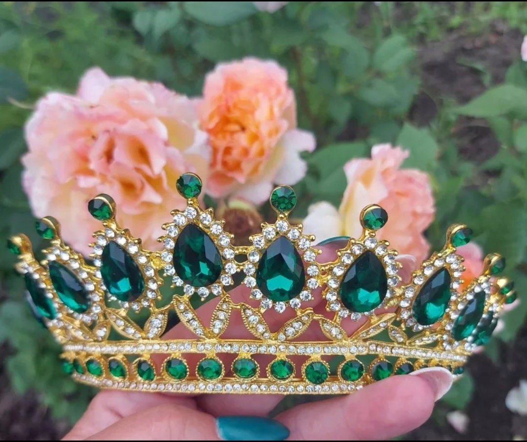 Emerald Green Crown Tiara Queen Gold headress jewelry bridal Halloween cosplay Wedding pageant royalty