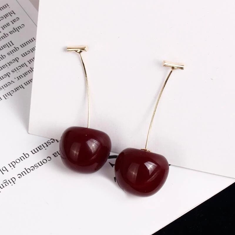 Realistic Cherry Earrings Dangle Drop Red dark wild juicy cherries fruit Jewelry