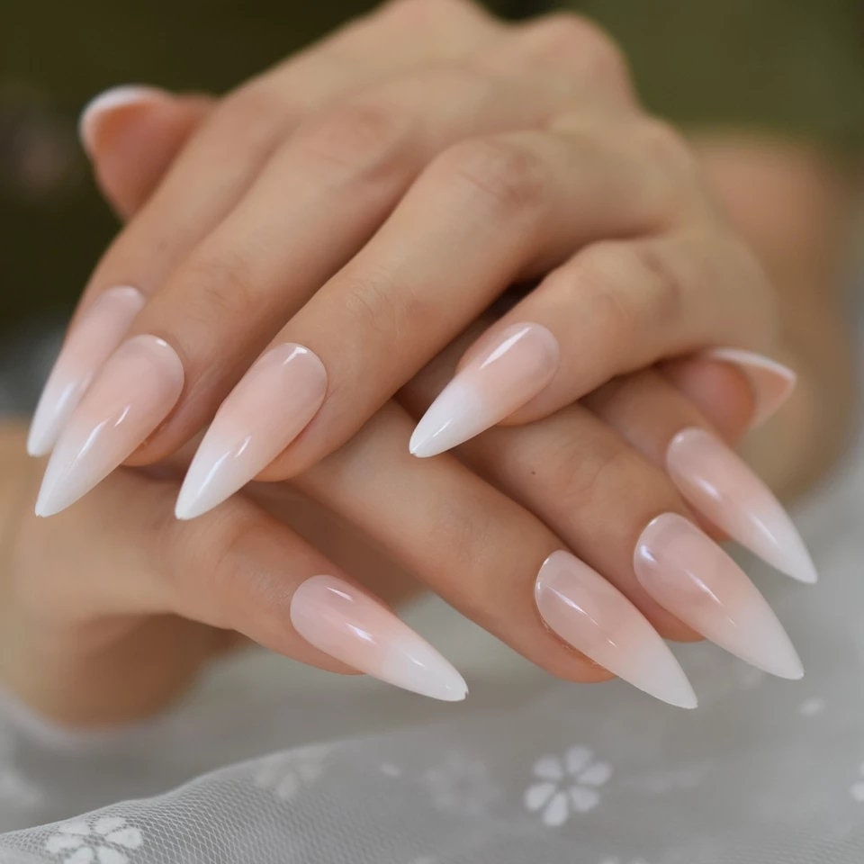 24 Ombre French tip white nude natural Long Press on nails glue on natural stiletto pointed baby boomer 